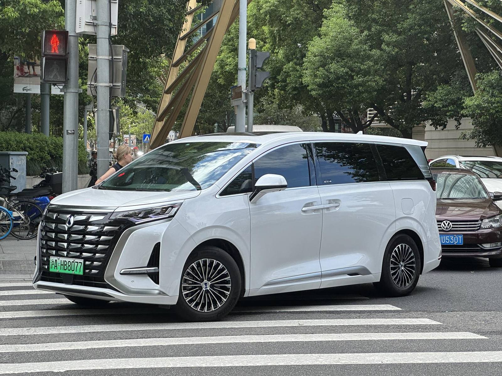 Denza D9 MPV in white, side profile on a city street in China